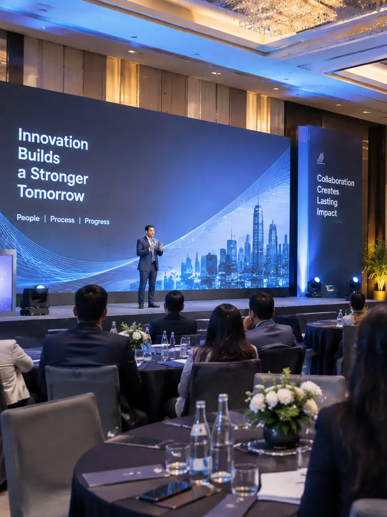 Speaker on stage in front of an LED wall at a corporate conference